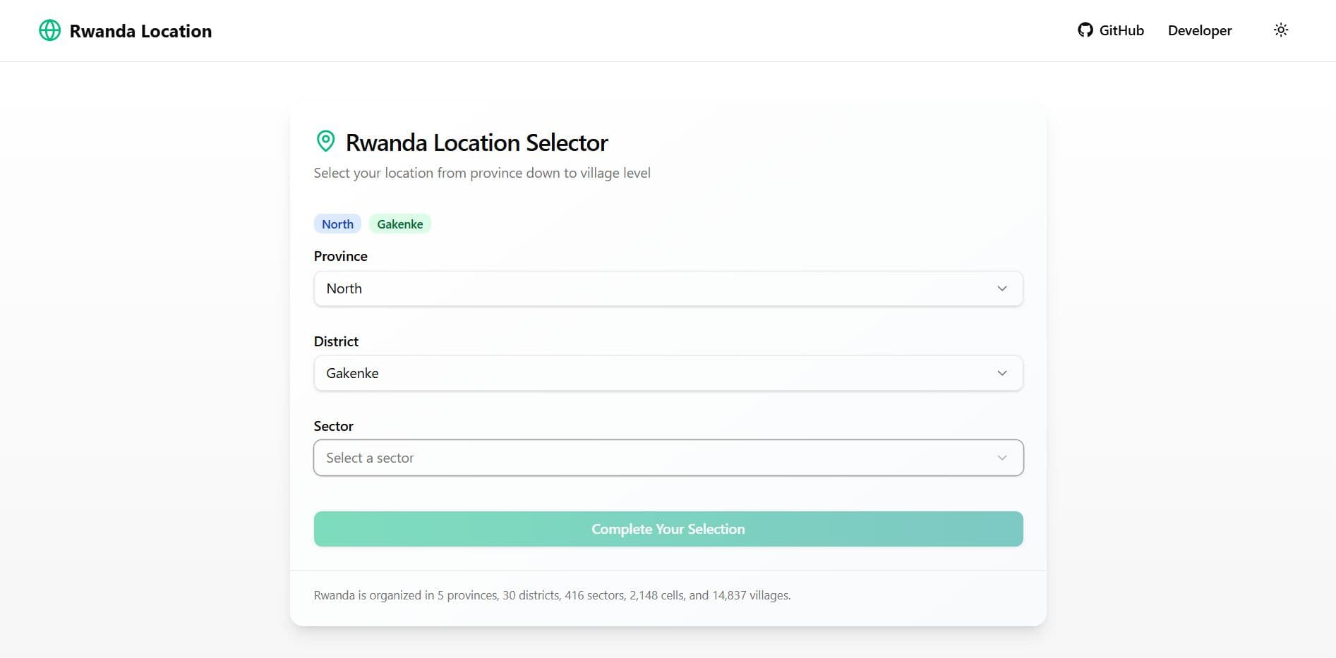 Screenshot of Rwanda Location Selector